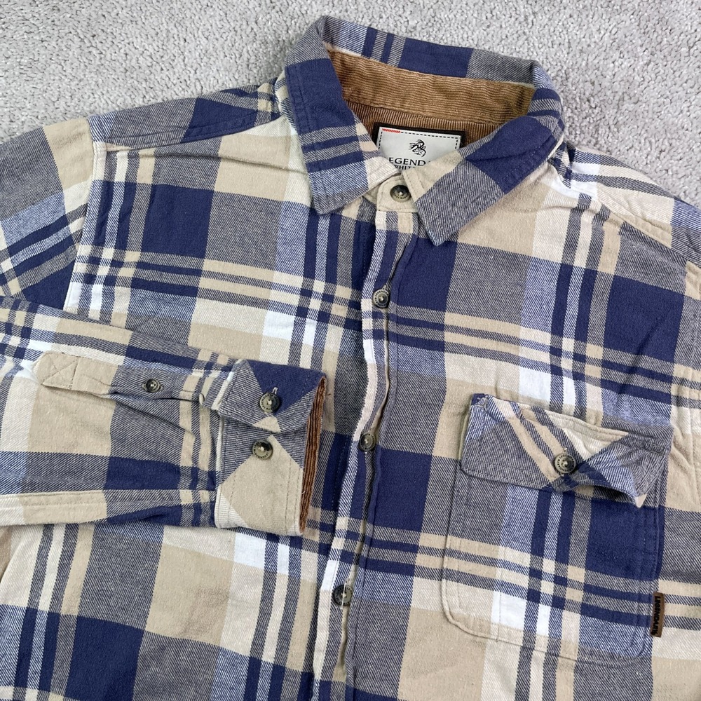 Legendary Whitetails Shirt Mens Medium Blue Tan Plaid Buck Camp Flannel Hunting